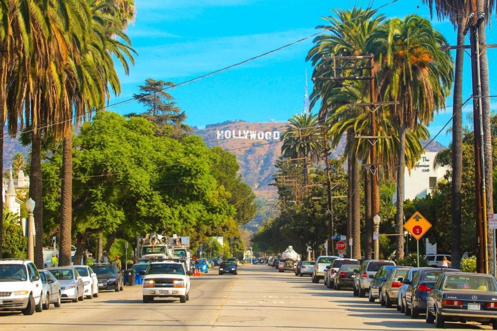 Avenida com palmeiras em LA. Letreiro de Hollywood ao fundo